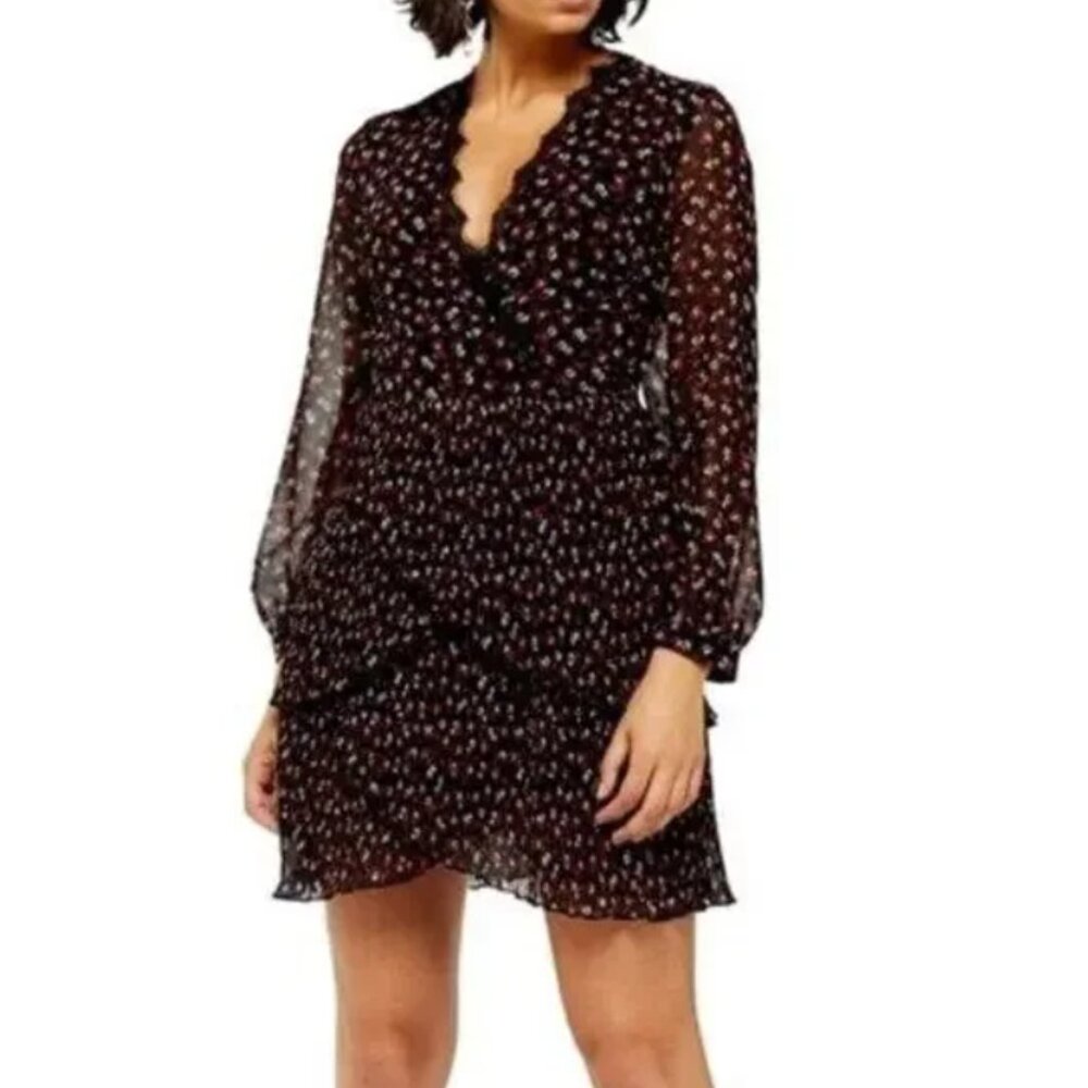 Topshop Black Floral V-Neck Long Sleeve Chiffon Dress - Size 2